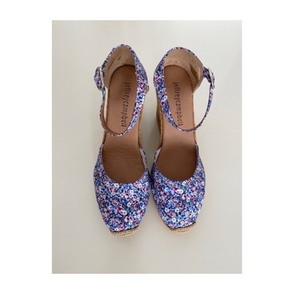 Jeffrey Campbell Adorra Blue Floral Wedge Espadrille Ankle Strap SZ 5.5